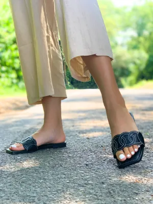 Josilyn Strap Detail Square Toe Sandal / Black