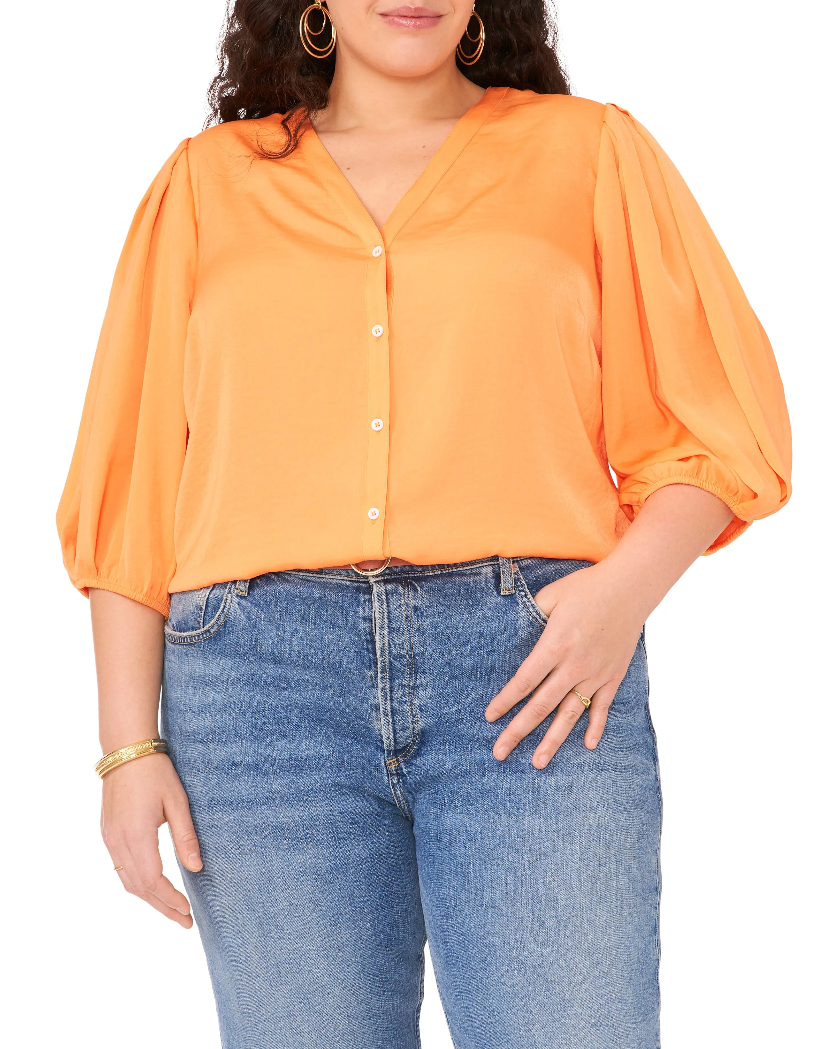 Plus-Size Button Down Balloon Sleeve Blouse