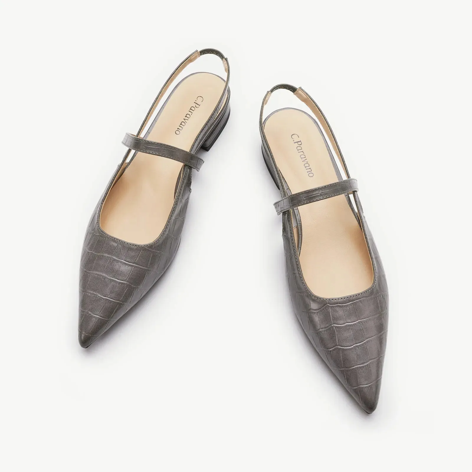 Pointed Toe Crozzling Slingback Flats (Freya) Grey