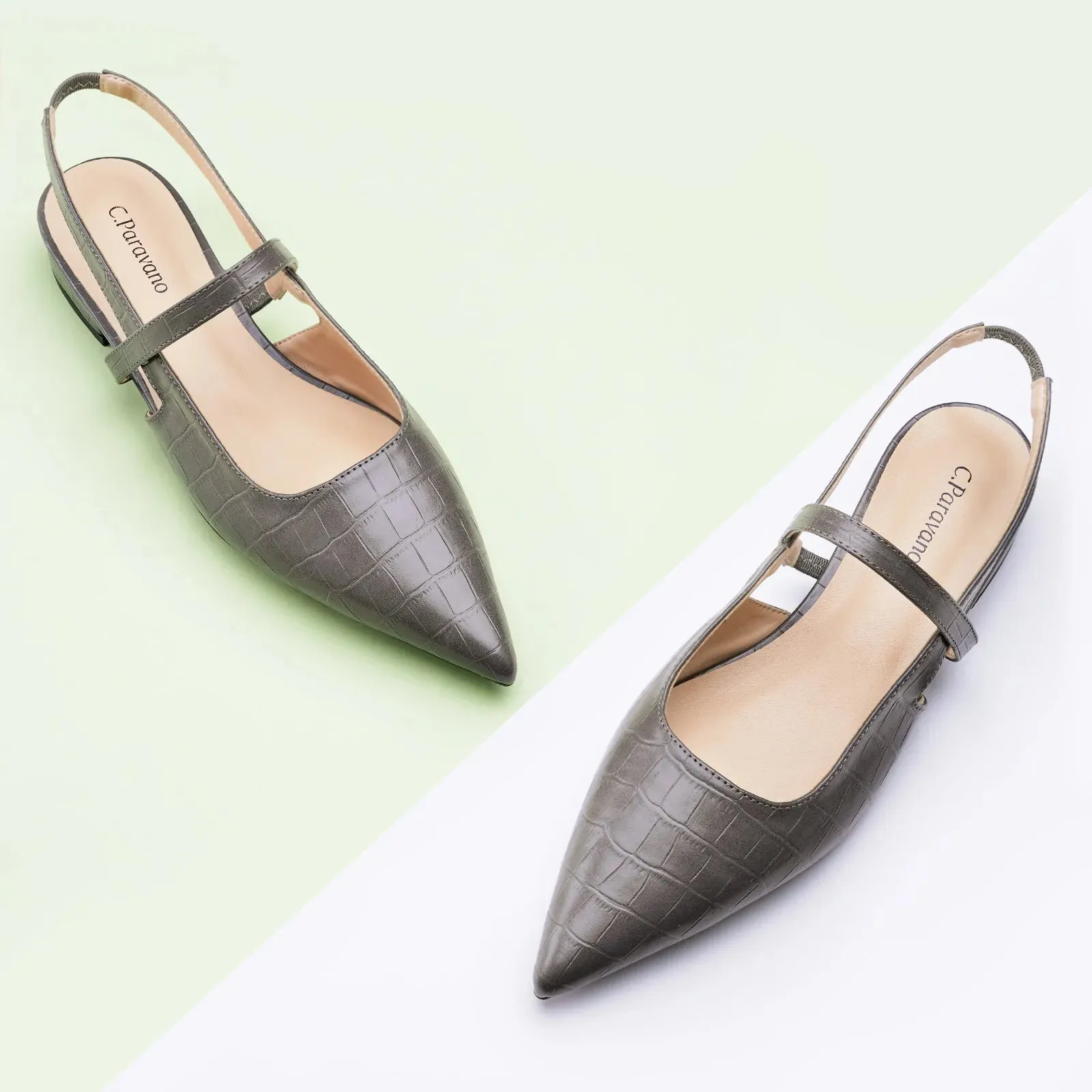 Pointed Toe Crozzling Slingback Flats (Freya) Grey