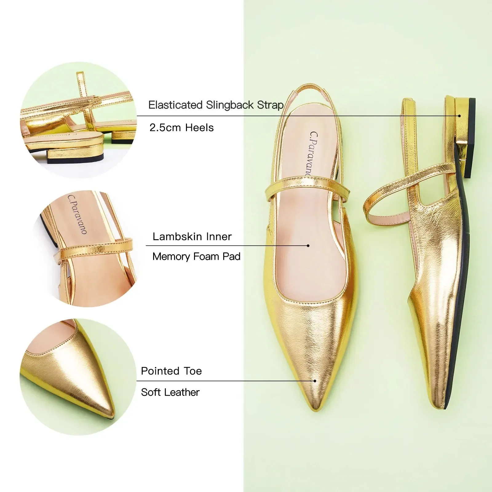 Pointed Toe Slingback Flats (Freya) Gold