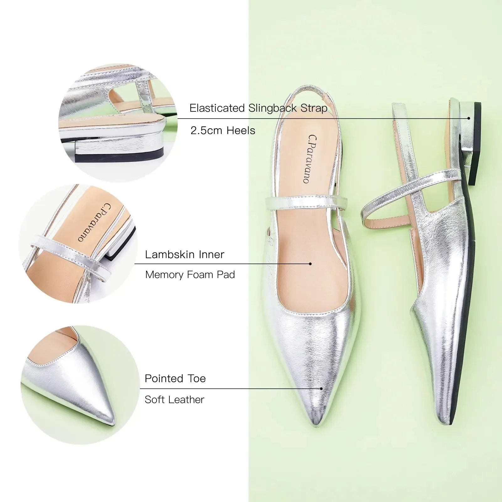 Pointed Toe Slingback Flats (Freya) Silver