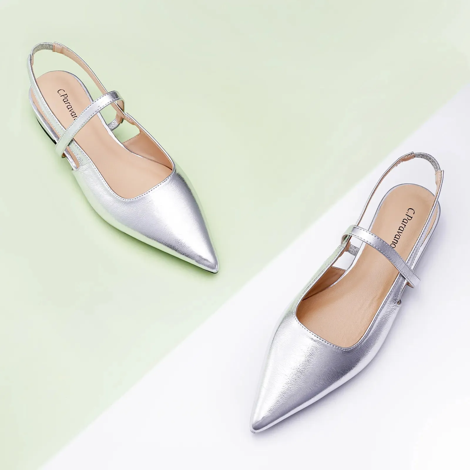 Pointed Toe Slingback Flats (Freya) Silver