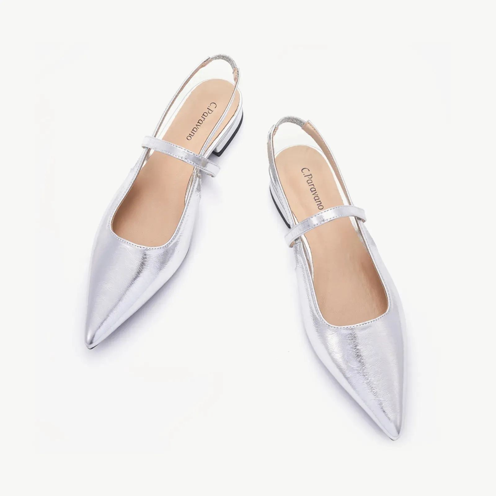 Pointed Toe Slingback Flats (Freya) Silver