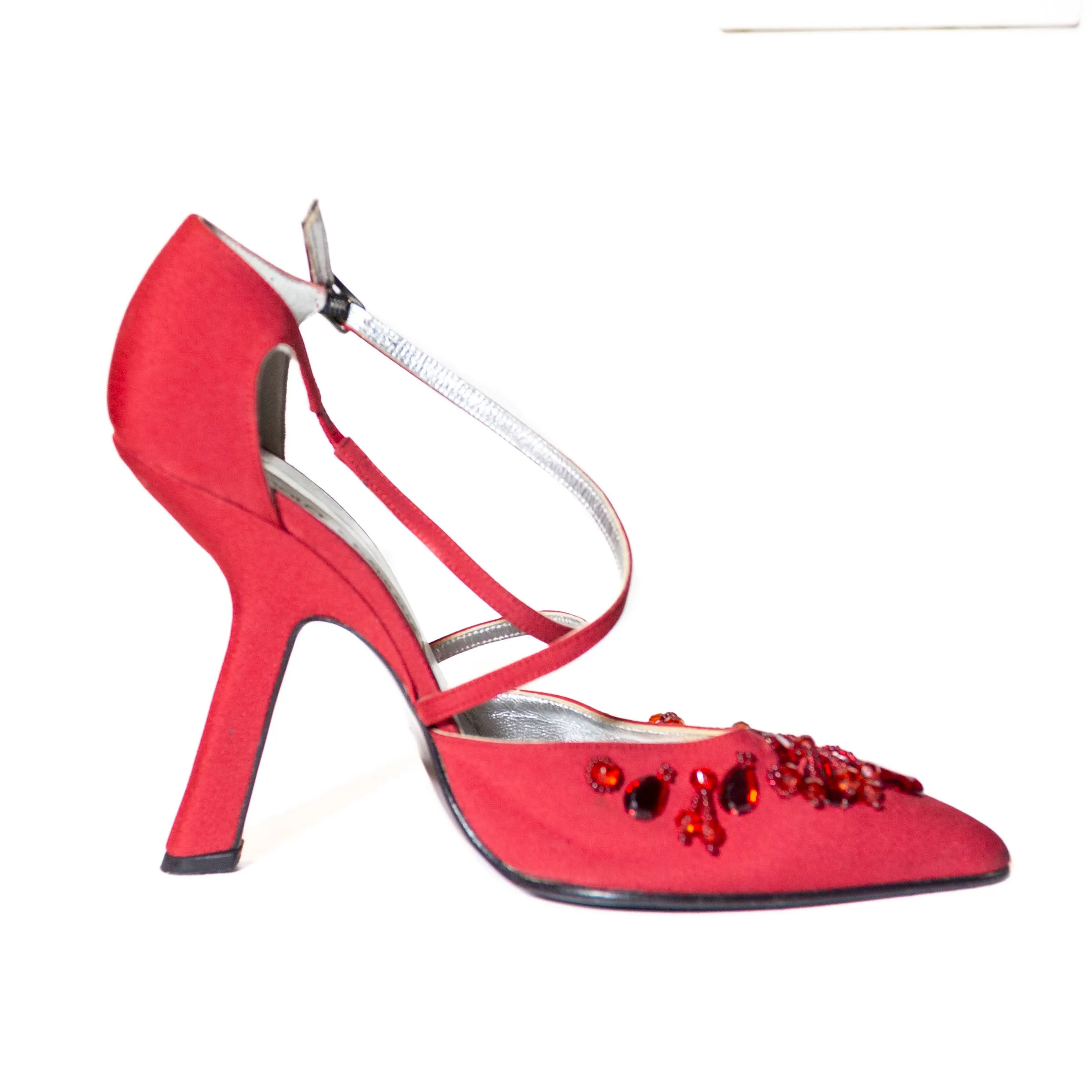 Red Rhinestone and Beaded Ankle Strap Pumps