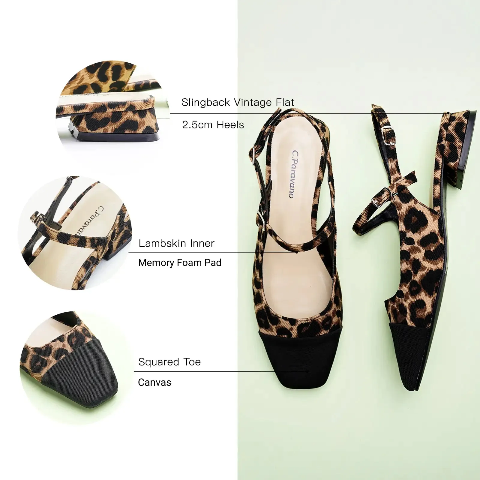 Square-Toe Prints Slingback Flats (Felicia) Leopard