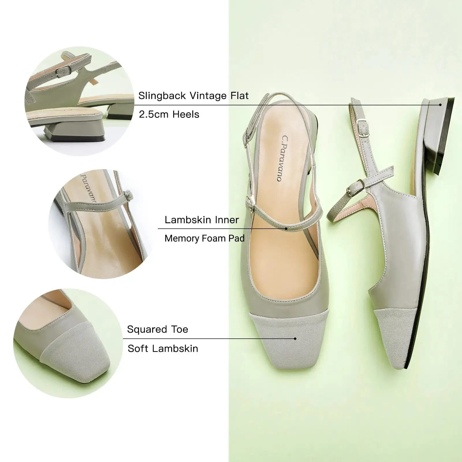 Square-Toe Slingback Flats (Felicia) Bean