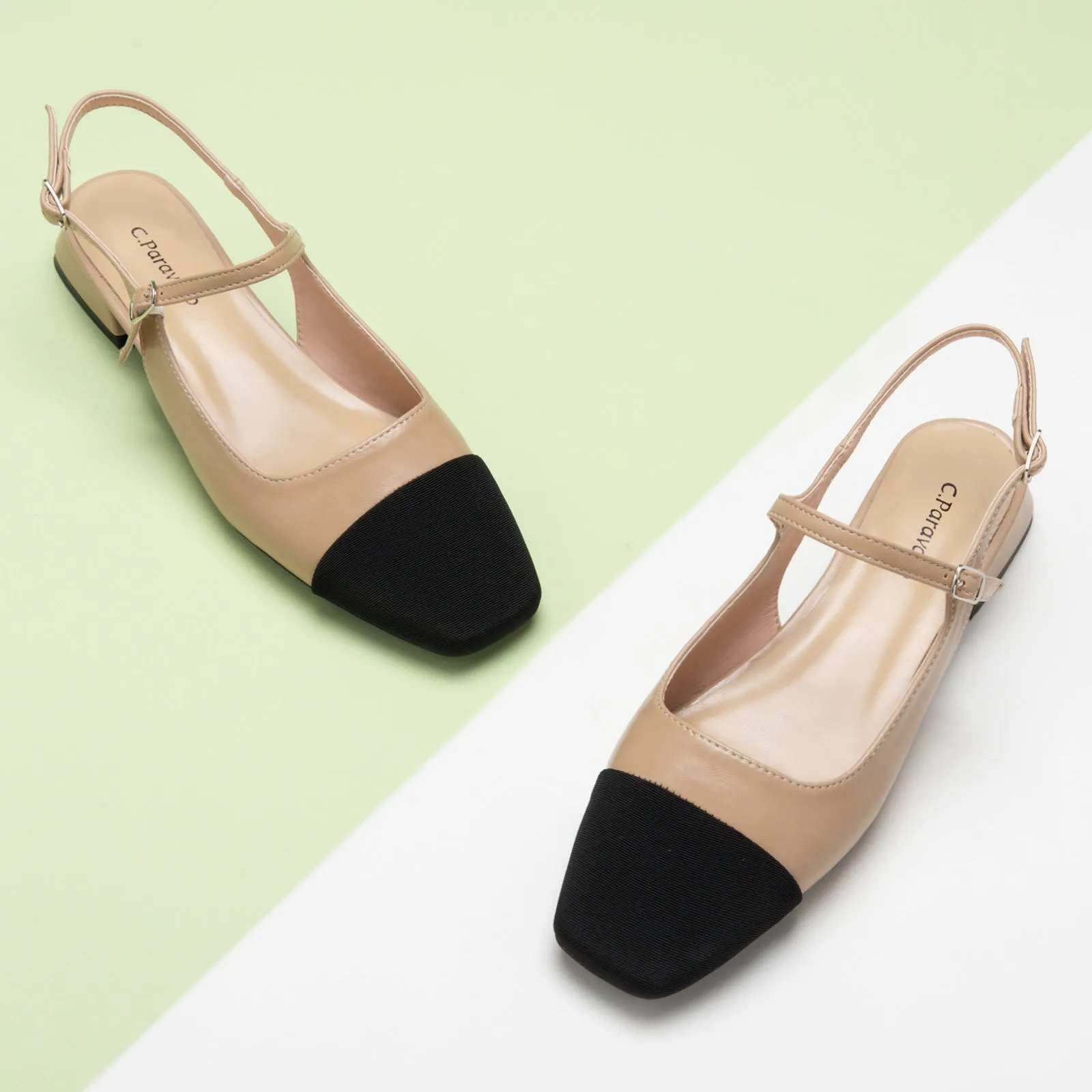 Square-Toe Slingback Flats (Felicia) Beige