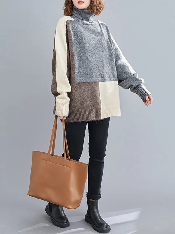 Stylish Split-Joint High-Neck Knitting Sweater