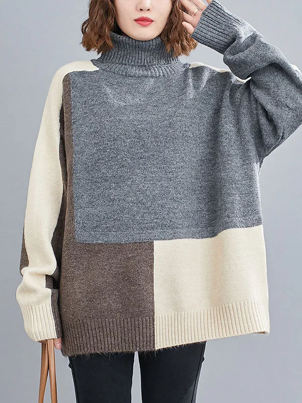 Stylish Split-Joint High-Neck Knitting Sweater