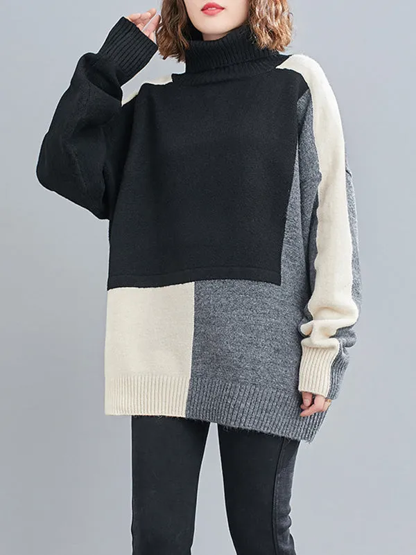 Stylish Split-Joint High-Neck Knitting Sweater