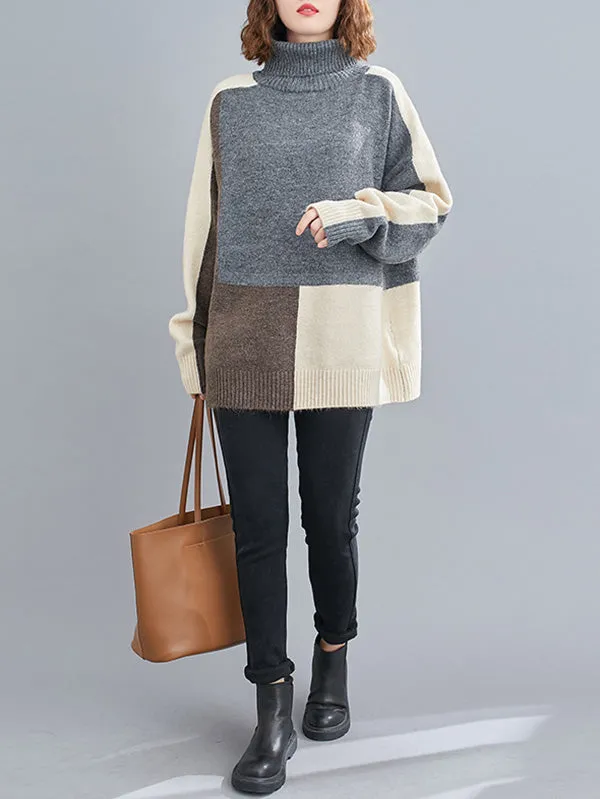 Stylish Split-Joint High-Neck Knitting Sweater