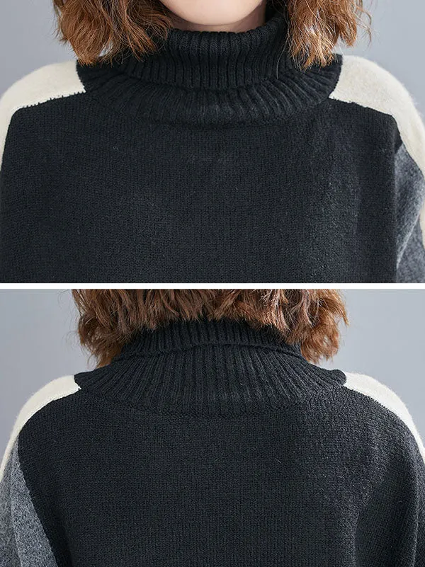 Stylish Split-Joint High-Neck Knitting Sweater