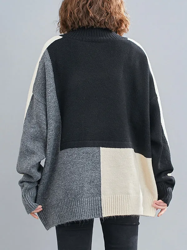 Stylish Split-Joint High-Neck Knitting Sweater