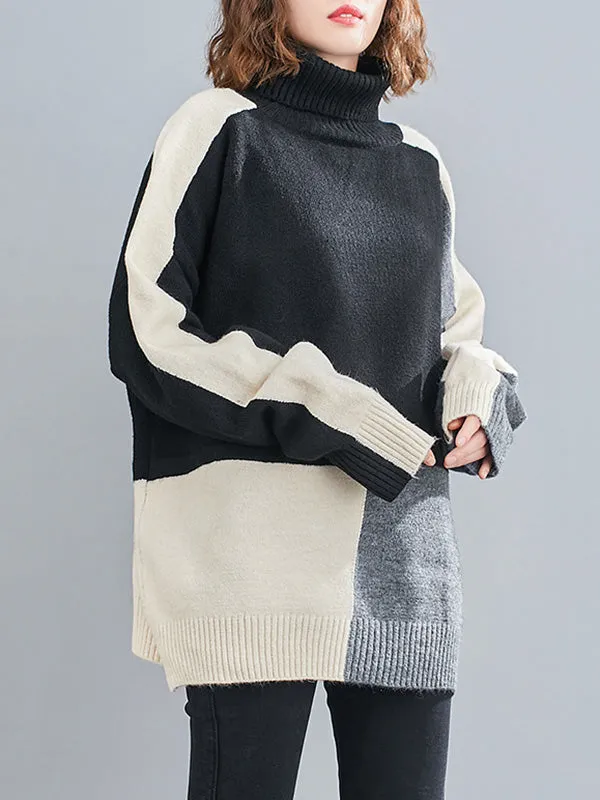 Stylish Split-Joint High-Neck Knitting Sweater