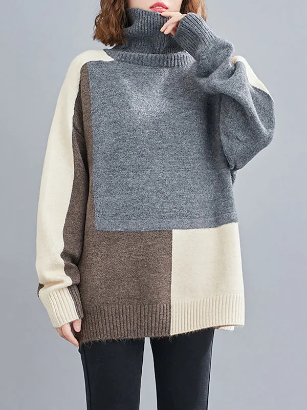 Stylish Split-Joint High-Neck Knitting Sweater