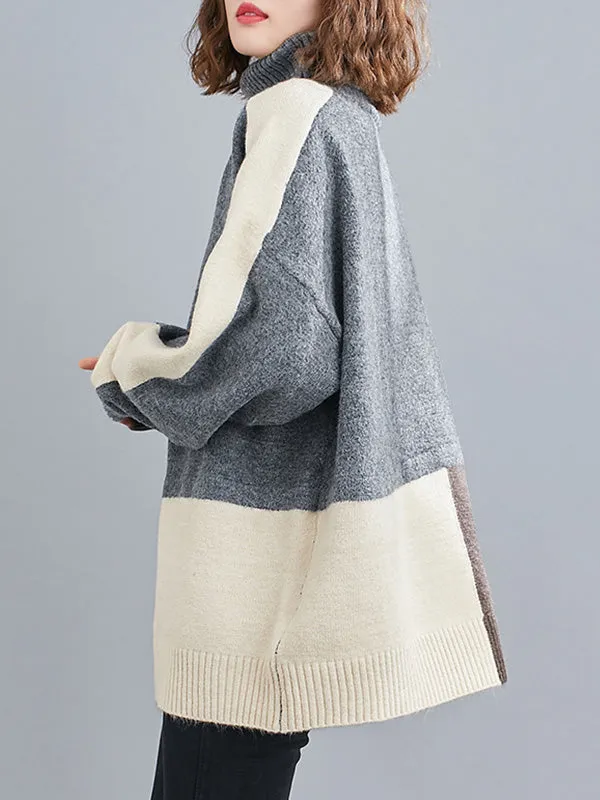 Stylish Split-Joint High-Neck Knitting Sweater