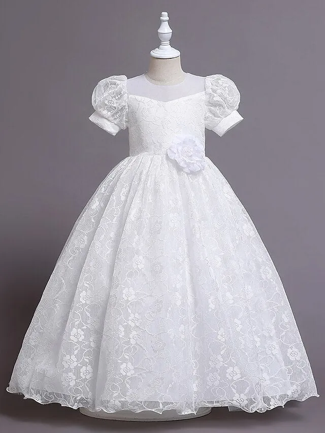 Toddler Girls' Party Dress Solid Color Floral Short Sleeve Formal Wedding Lace Puff Sleeve Cute Princess Polyester Maxi Party Dress Tulle Dress Summer Spring Fall 7-13 Years White Pink Red