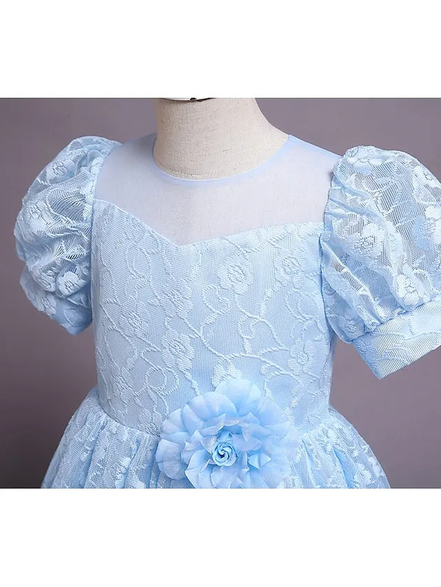 Toddler Girls' Party Dress Solid Color Floral Short Sleeve Formal Wedding Lace Puff Sleeve Cute Princess Polyester Maxi Party Dress Tulle Dress Summer Spring Fall 7-13 Years White Pink Red