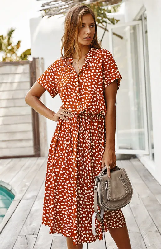 Women's Polka Dot Short Sleeve Shirt Collar Dress